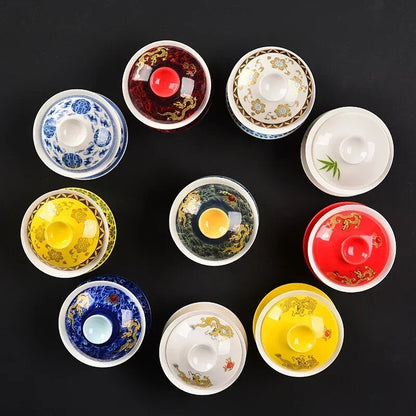 Longjing Sancai Tea Cup Retro Chinese Style Covered Bowl Large Dragon 200ml
