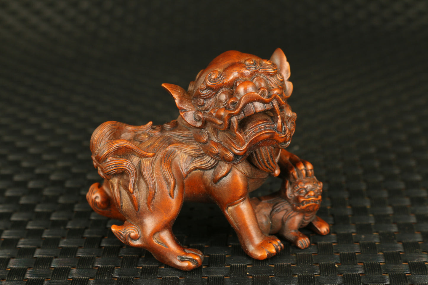Chinese Wood Boxwood Carving Fengshui Foo Fu Dog Guardion Door Lion Pair Statue