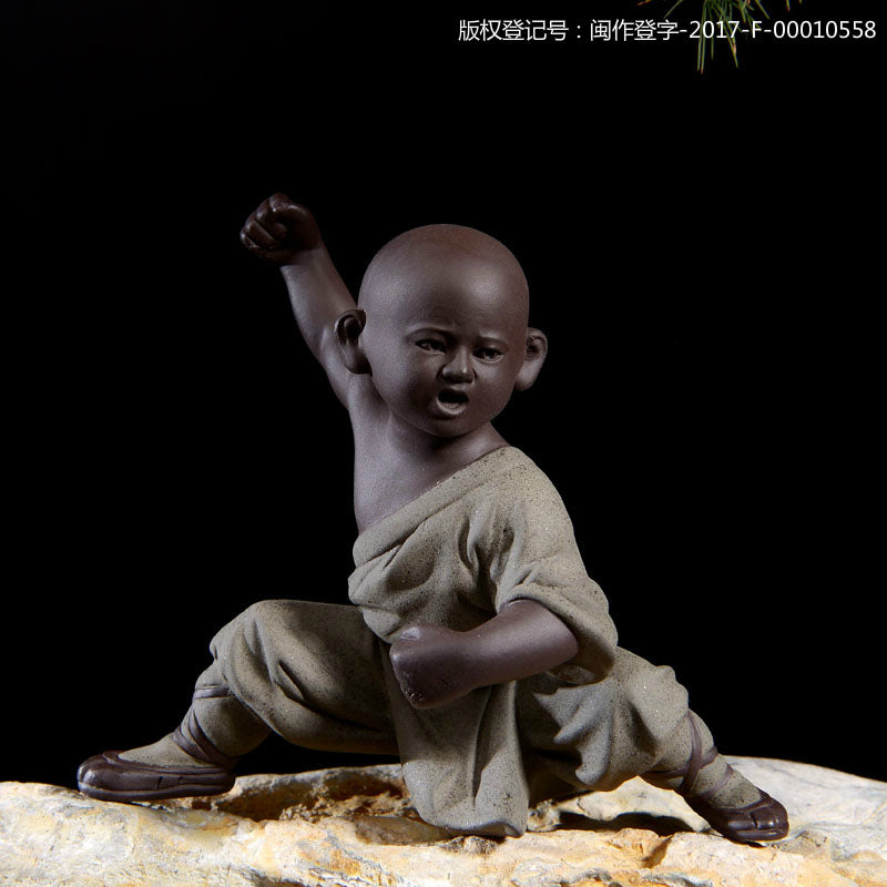Chinese Shao Lin Monk Kungfu Posture Statue Zisha Purple Clay Boy On Tea Tray