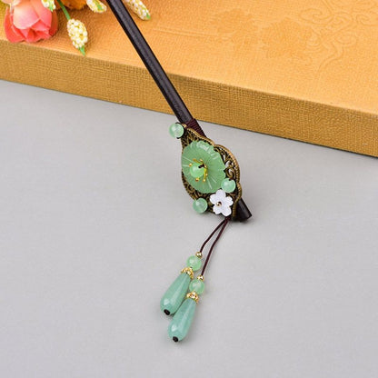Vintage Ebony Hair Stick Green Jade Tassel Hairpin For Hanfu Cheongsam