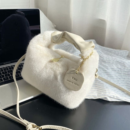 Soft Faux Fur Bag Synthetic Leather Handle Pleated Warm Plush Bags Crossbody 1PC