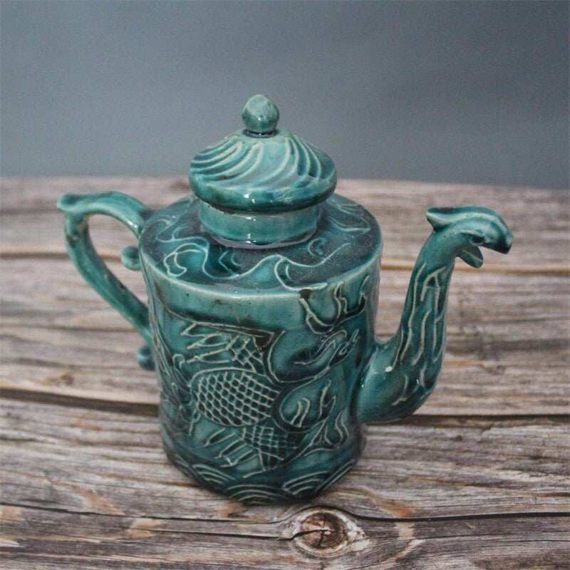 17cm Chinese Antique Song Porcelain Green Glaze Dragon Phoenix Pattern Teapot