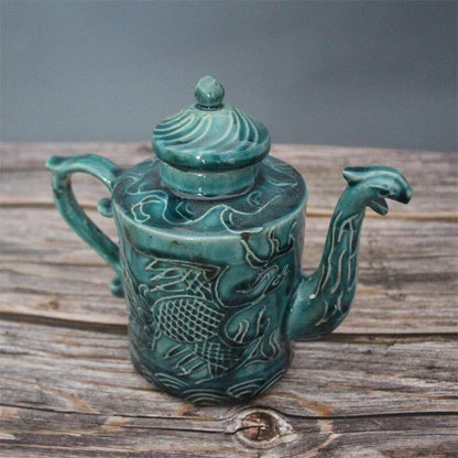 17cm Chinese Antique Song Porcelain Green Glaze Dragon Phoenix Pattern Teapot