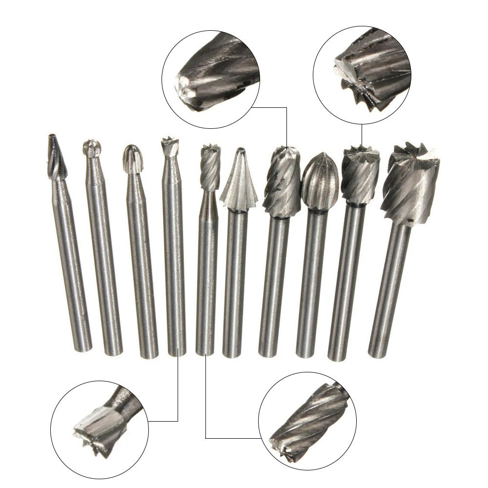 10Pcs 3mm Shank HSS Rotary Burr File Rasp Drill Bits Set For Wood Stone Carving