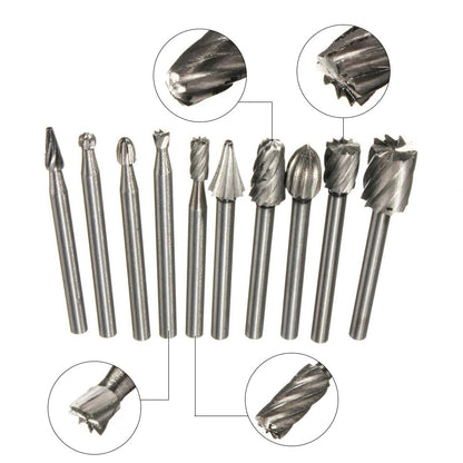 10Pcs 3mm Shank HSS Rotary Burr File Rasp Drill Bits Set For Wood Stone Carving