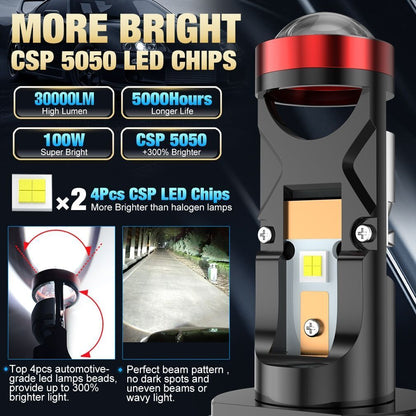 Headlight Canbus Lamp H4 9003 H7 LED Mini Projector 3D Lens 100W 30000LM Bulb 2p