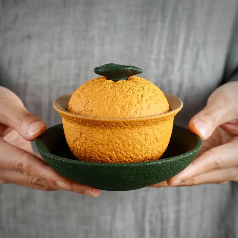 Chinese Sancai Gaiwan Handmade Pottery Tea Cup Bowl Orange Shape Tea Tureen