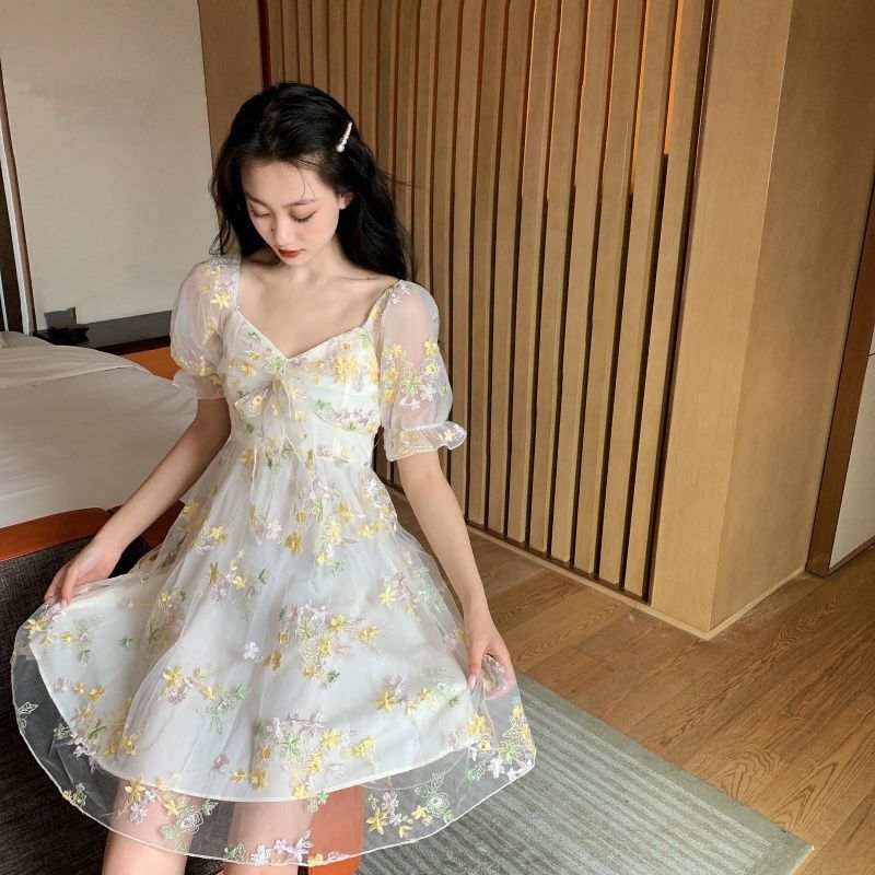 Women Dress Floral Puff Sleeve Lace Chiffon Print Mini Vintage Fairy Cotton Lace