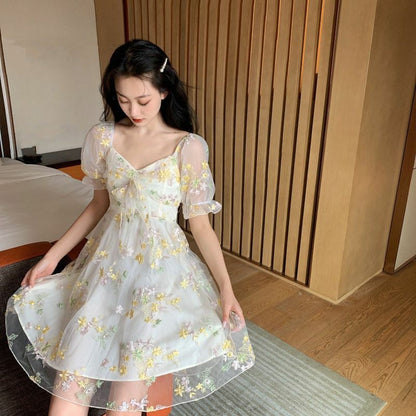 Women Dress Floral Puff Sleeve Lace Chiffon Print Mini Vintage Fairy Cotton Lace