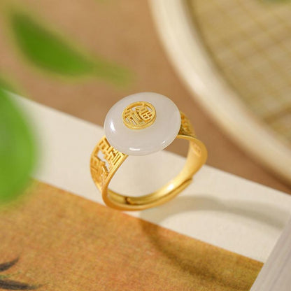 Original Silver Gold Plated Natural Hetian Jade White Jade Classic Ring