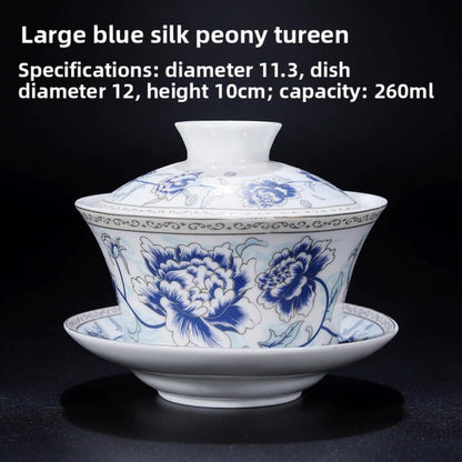 Blue White Porcelain Gaiwan Teacup 260ml 8.6oz Handmade Chinese Kungfu Tea Set