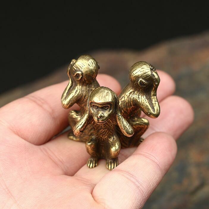Combination Pure Brass Solid Figures "Three Wise Monkeys" Hear See Speak No Evil