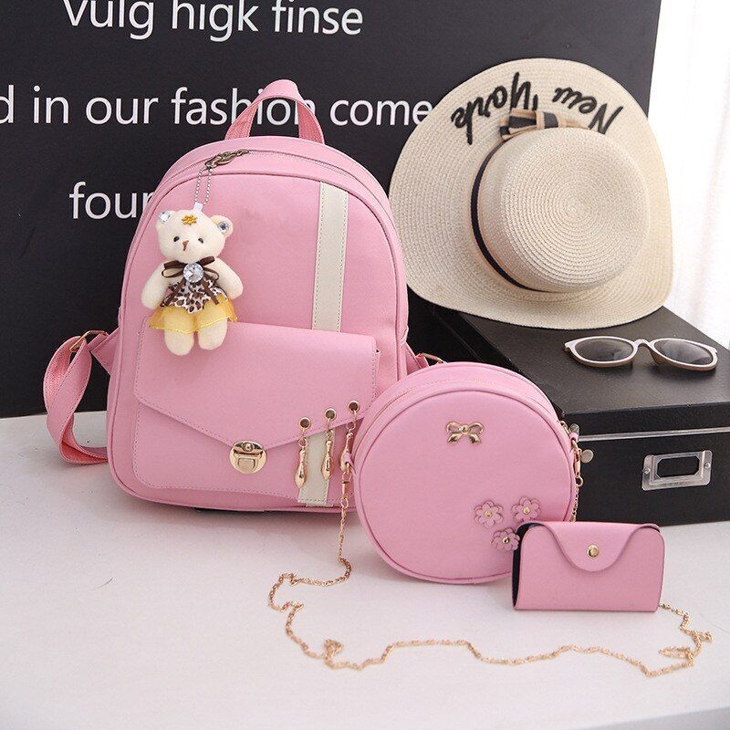 Leather Three Piece Backpack Sets Women Fashion Leather Backpack Card Holder 1PC