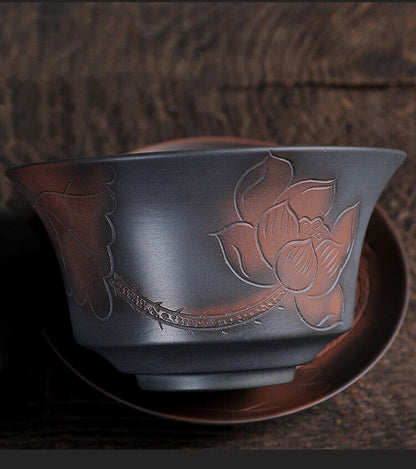6.8oz Ceramic Pottery Gaiwan Lotus Flower Carved Tureen Covered Bowl Saucer Lid