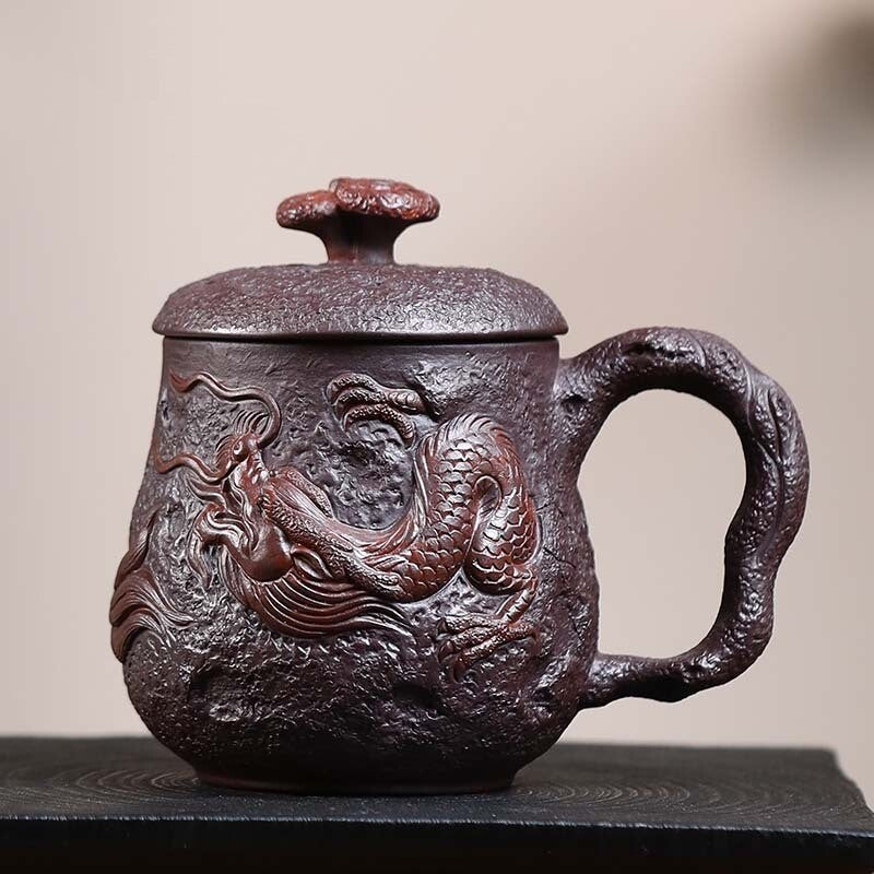 Full Handmade Tea Cup With Handle Lid Dragon Carved Office Cup True Yixing Zisha