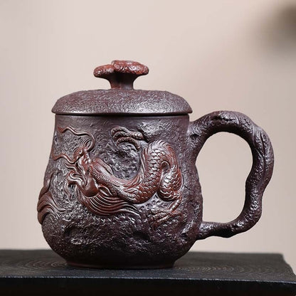 Full Handmade Tea Cup With Handle Lid Dragon Carved Office Cup True Yixing Zisha