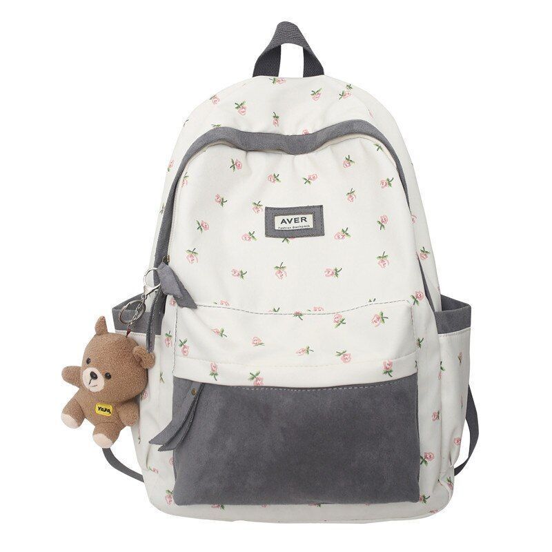 Nylon Flannel Floral Bag Cute College Backpack Travel Student Bag Laptop Fashion