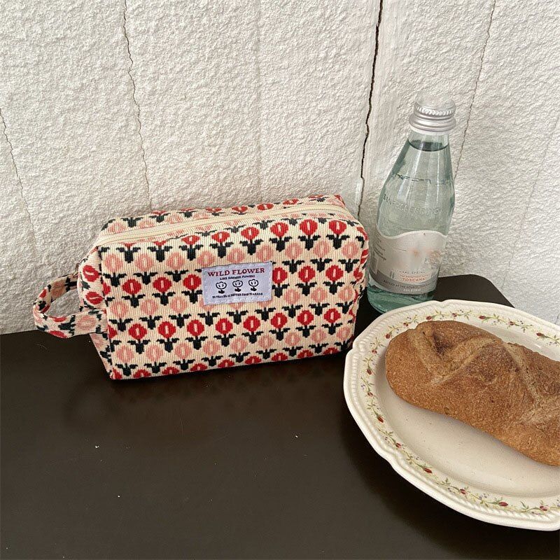 Corduroy Plaid Flower Cosmetic Lipstick Case Travel Makeup Bag 17*10*7/25*18*5CM