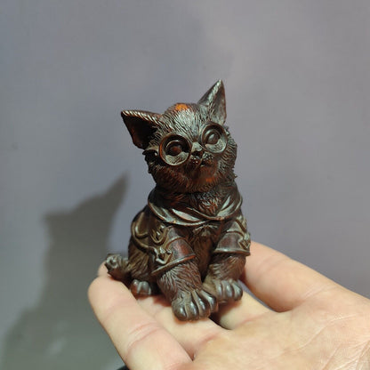 Chinese Carved Sculpture Statue Wood Christmas Wooden Gift Animal Small cat pet