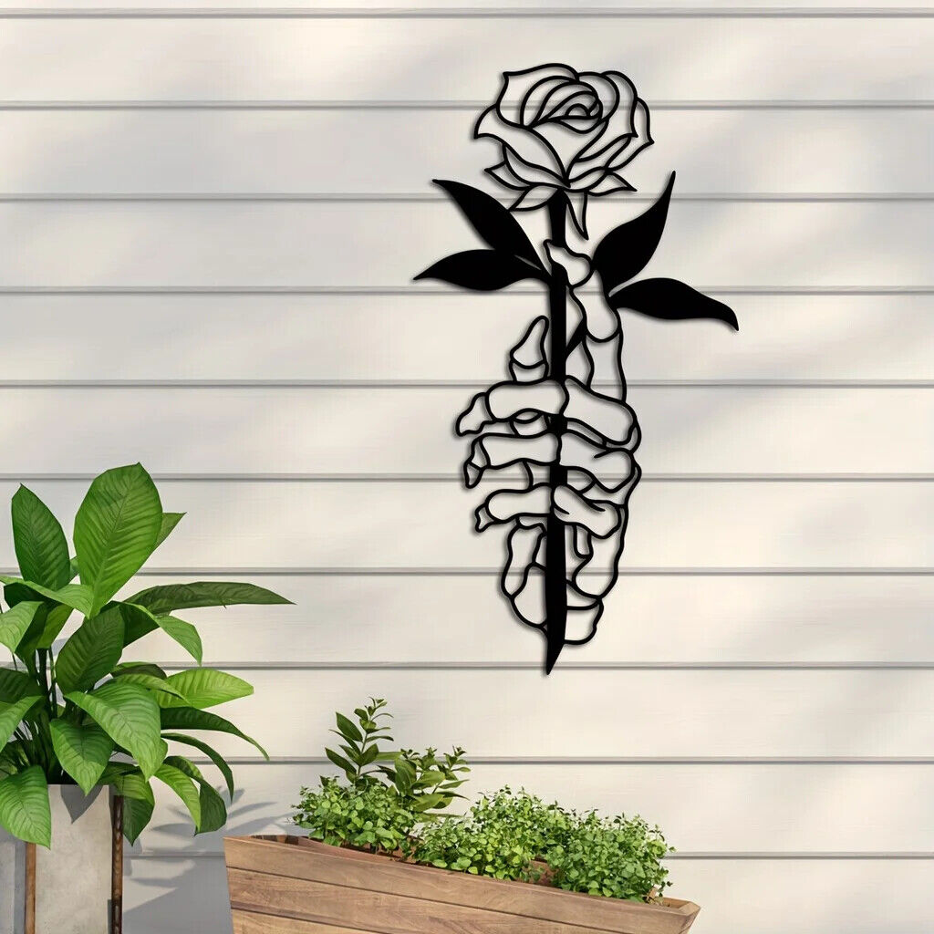 1pc Metal Deer Skull Hands Holding Flowers Art Wall Decor, Metal Wall Decor