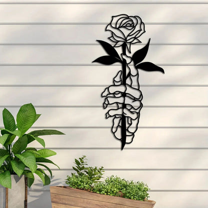 1pc Metal Deer Skull Hands Holding Flowers Art Wall Decor, Metal Wall Decor