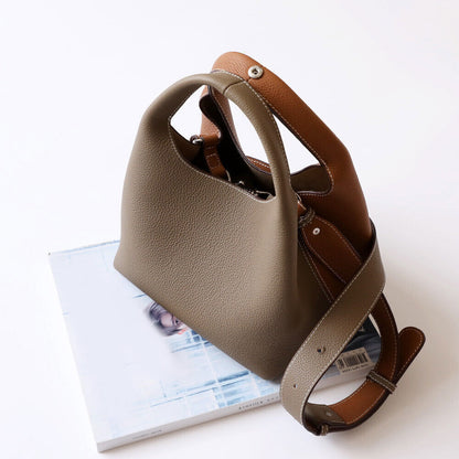 Contrast Real Leather Tote Handbag Purse Bucket Shoulder Bag Hobo w/ Zip Bag