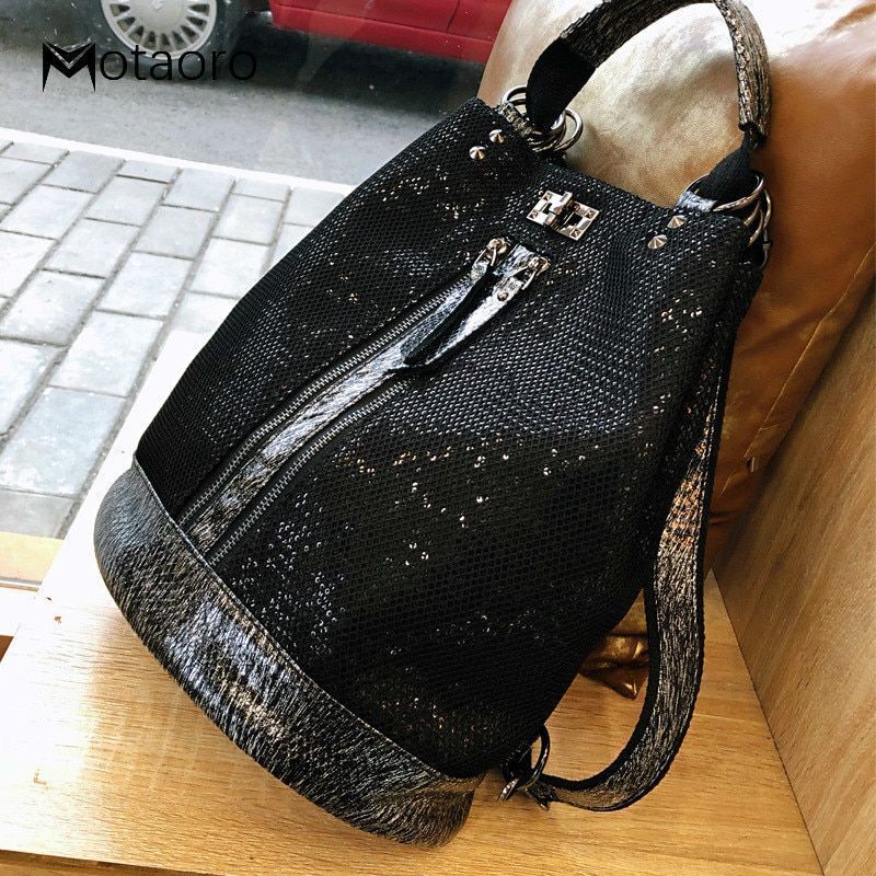 Sequins Leather Laptop Backpack Personality Lock Anti Theft Travel Back Pack 1PC