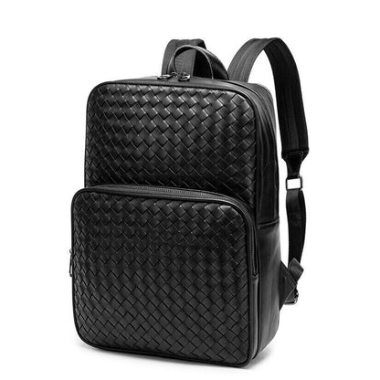 Top PU Leather Black Weaving Backpack, Soft Leather Large Capacity Travel Bags