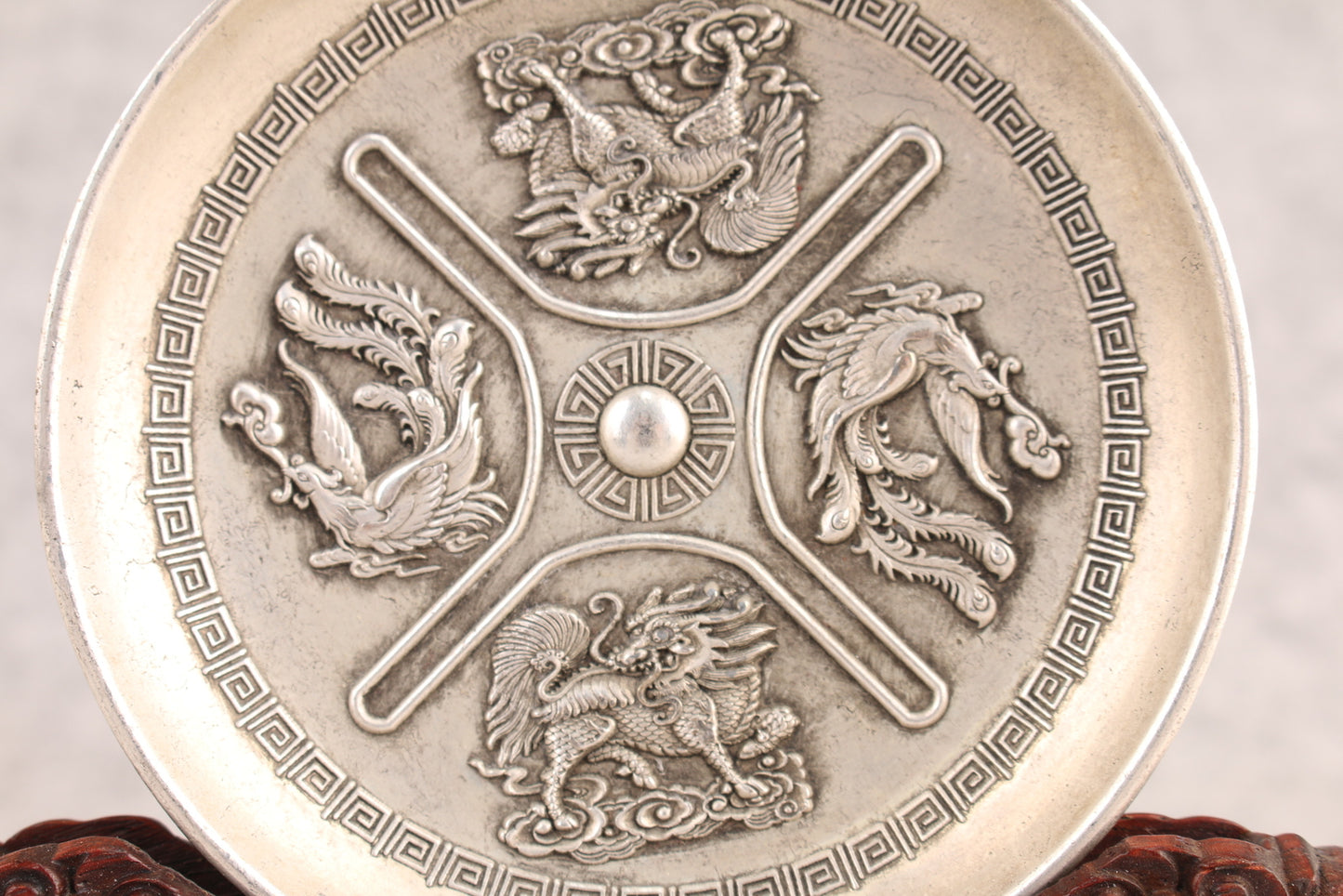 Chinese tibet silver copper double dragon phoenix plate table decor