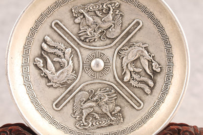 Chinese tibet silver copper double dragon phoenix plate table decor