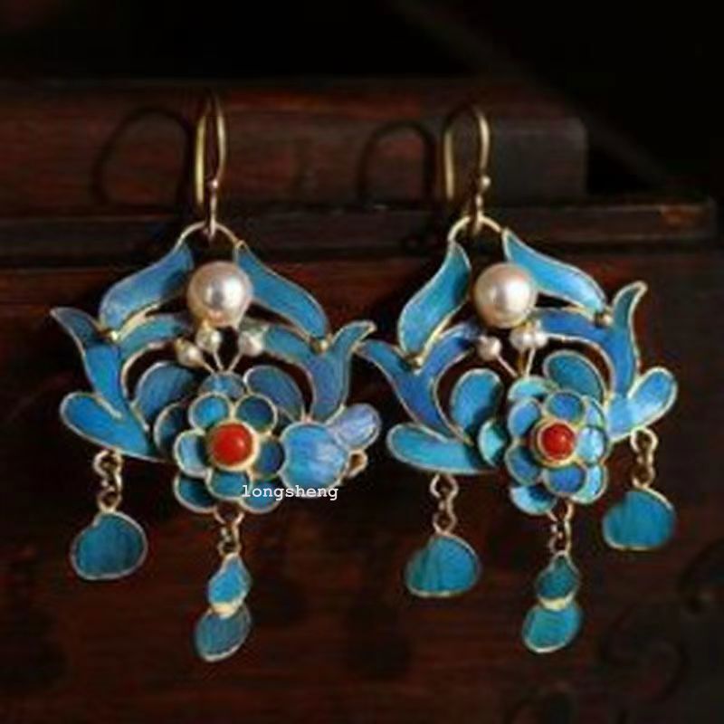 A pair of Chinese antique choked enamel cloisonn é craft earrings