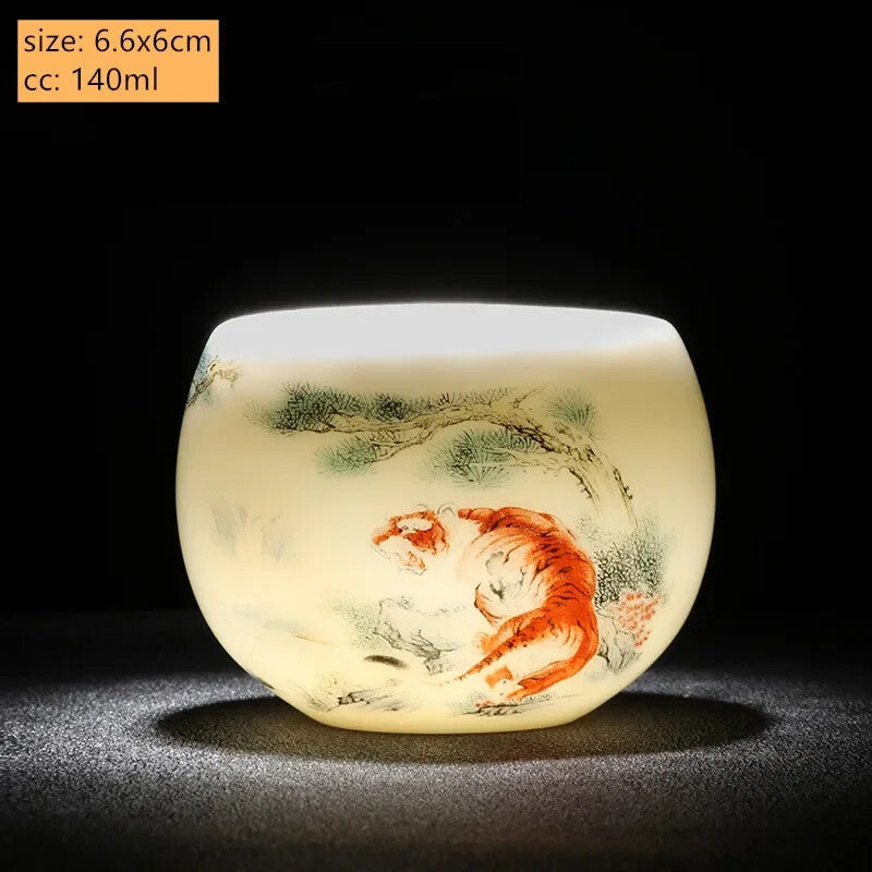 Jade Ceramic Tea Cup Zodiac Tiger Tea Cup Master Cup White Porcelain Tea Set
