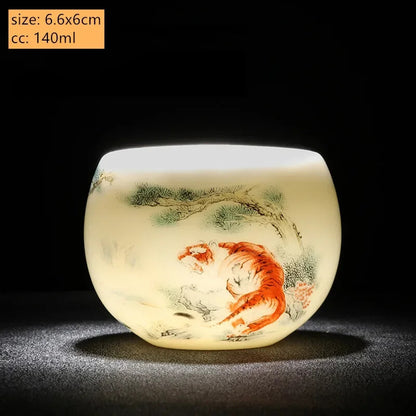 Jade Ceramic Tea Cup Zodiac Tiger Tea Cup Master Cup White Porcelain Tea Set