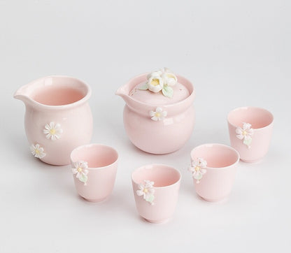Chinese Tea Pot Matching Tea Cup Floral Handmade Relief Holiday Gift Ceramic Pot