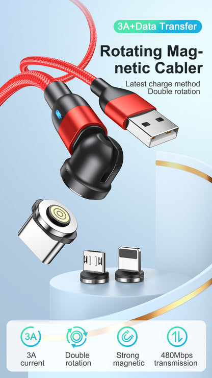 3-in-1 180°+360° Magnetic Charger Cable For Apple Micro USB Type-C Samsung LG