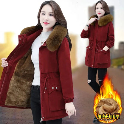 Womens 2023 Winter Padded Coat Plush Fur Collar Thick Down Outerwear