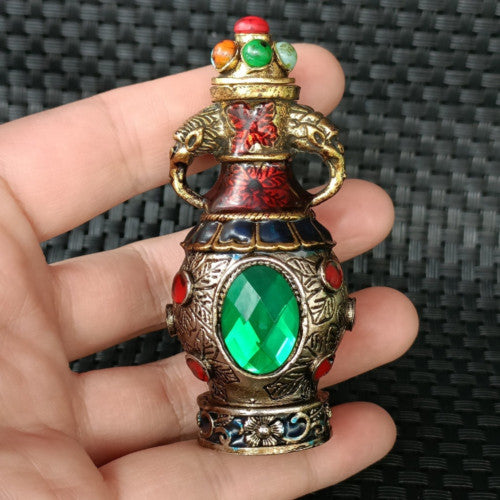 Ancient Chinese Silver and Green Faceted Gemstone Art Bottle