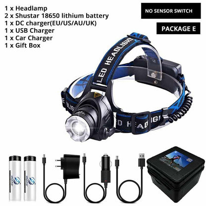 LED Headlamp Super Bright Sensor Zoomable Fishing Lamp Lighting 18650 Batteries