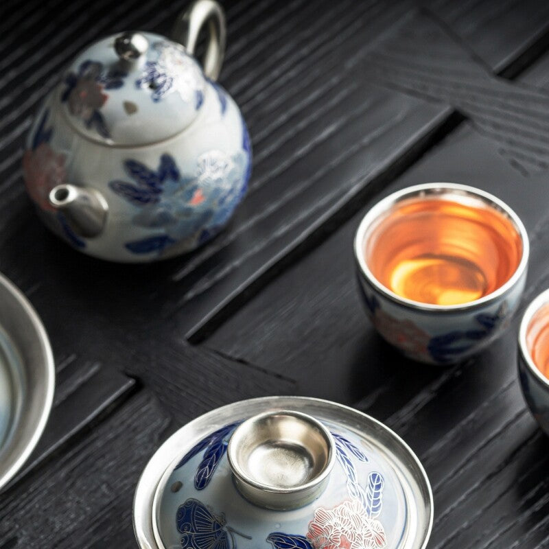 Boutique Tea Set Ceramic Pure Silver Tea Pot Gaiwan Matching Tea Cup Handpainted