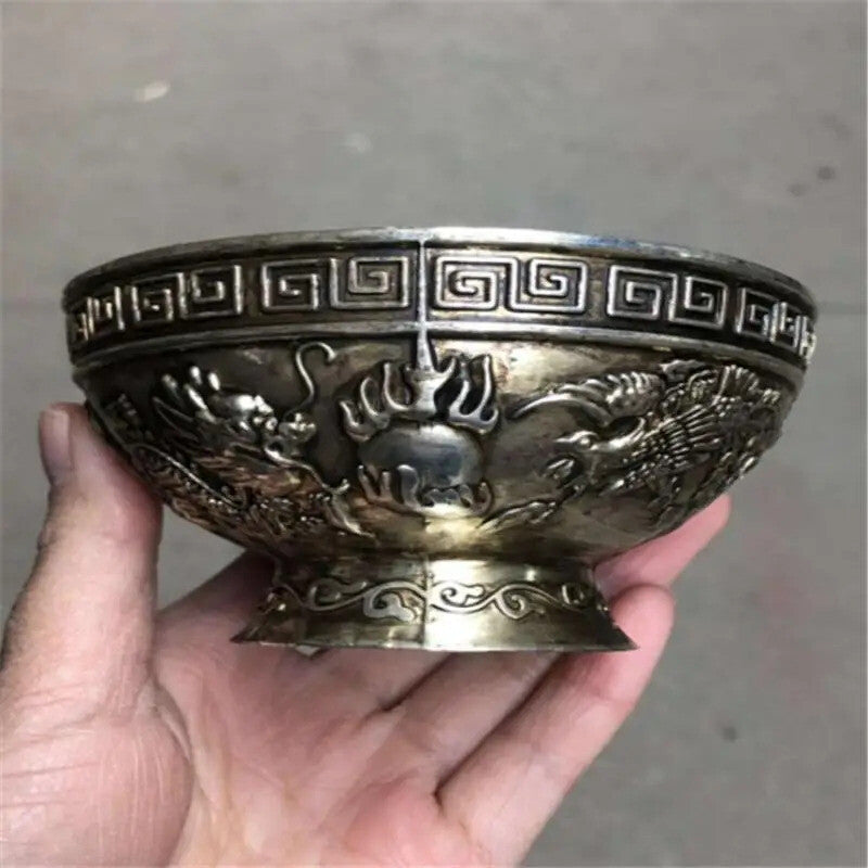 Tibet Dragon Phoenix Antique Copper Bowl Tea Bowl White Copper Carving