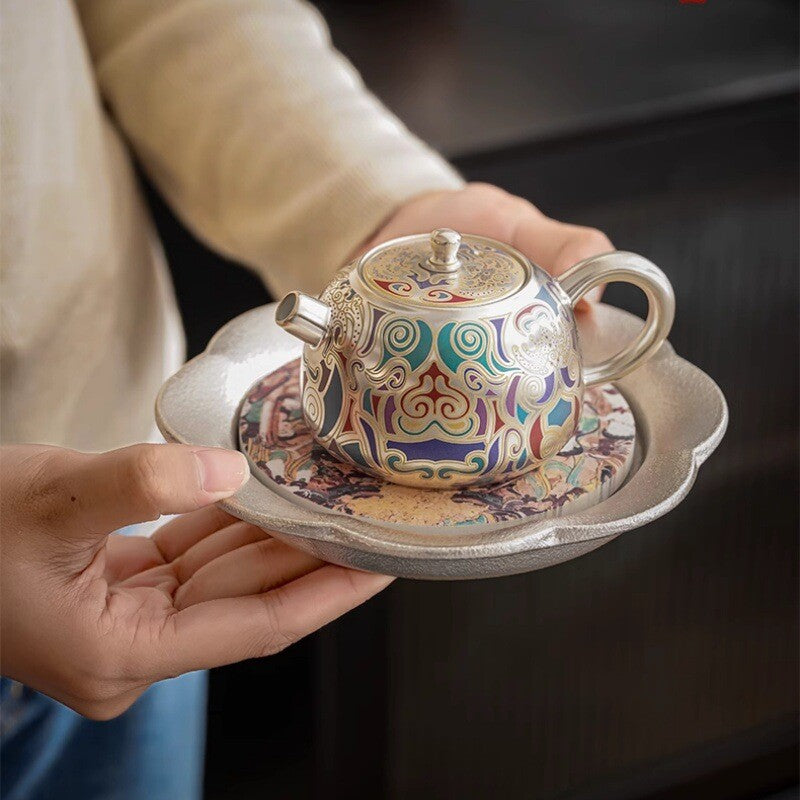 Tea Set Pot With Holder Matching Tea Cup Dunhuang Frescoes Print Silver Ceramic
