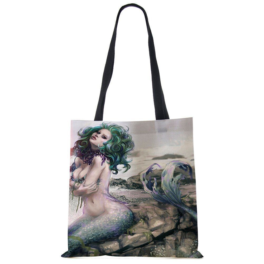 Mermaid Print Shoulder Bag Women Shopping Reusable Bags Large Travel Beach Bags