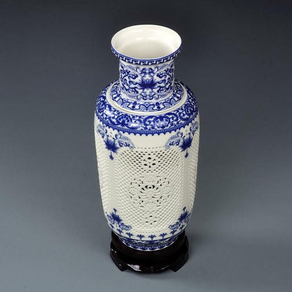 ChinaPorcelainBlue-and-white Hollow Ceramics Double-deck Flower Wooden Club Vase