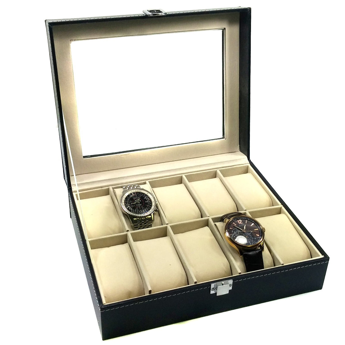10 Slot Watch Box with Glass Top - Black Faux Leather Display Case Organizer