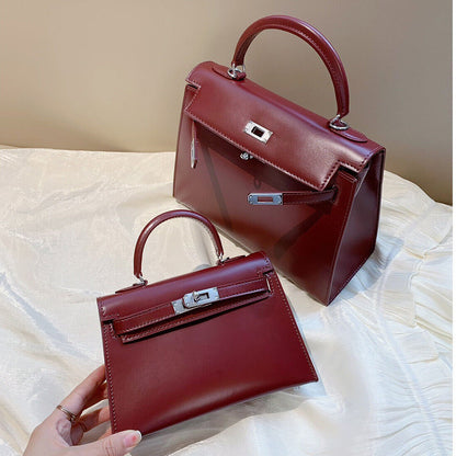 19/25 Trapezoid Glossy Real Leather Flap Tote Handbag Shoulder Bag Purse Fashion