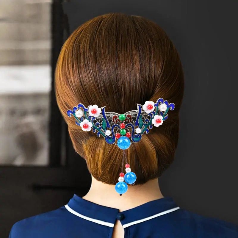 Vintage Chinese Cloisonne Large Spring Hair Clip Retro Tassel Barrette for Women