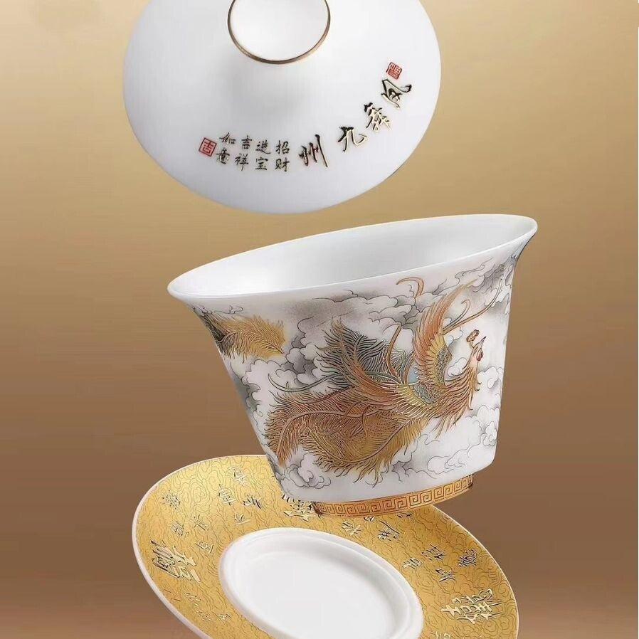 Boutique Tea Set Fat Mutton Jade Porcelain Teapot Gaiwan Hand Drawing Dragon Cup