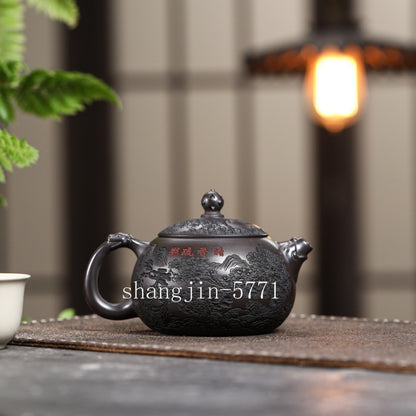 True Yixing Zisha Clay Tea Pot Marked Mountain Carved Handmade Master Pot 300ml