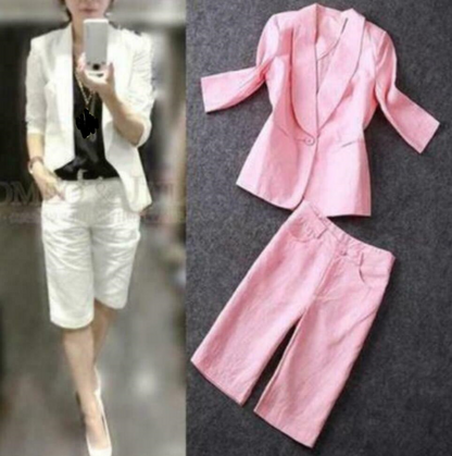 2PCS Womans Dress Work Blazers Jacket Cotton Linen Short Pants S-2XL Suit Summer