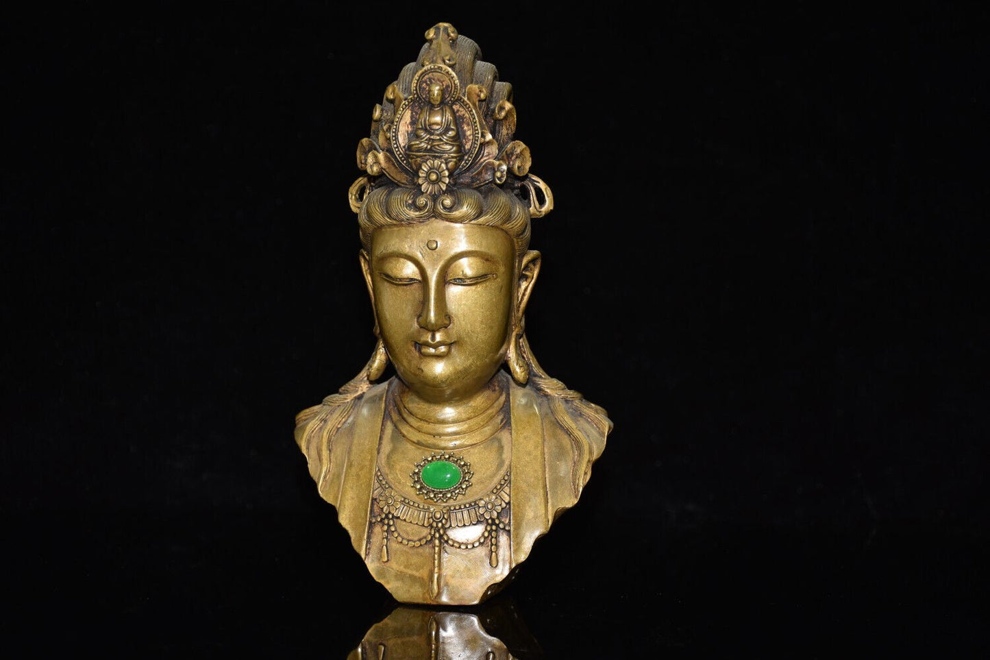 Ancient brass inlaid gemstone Guanyin head ornament